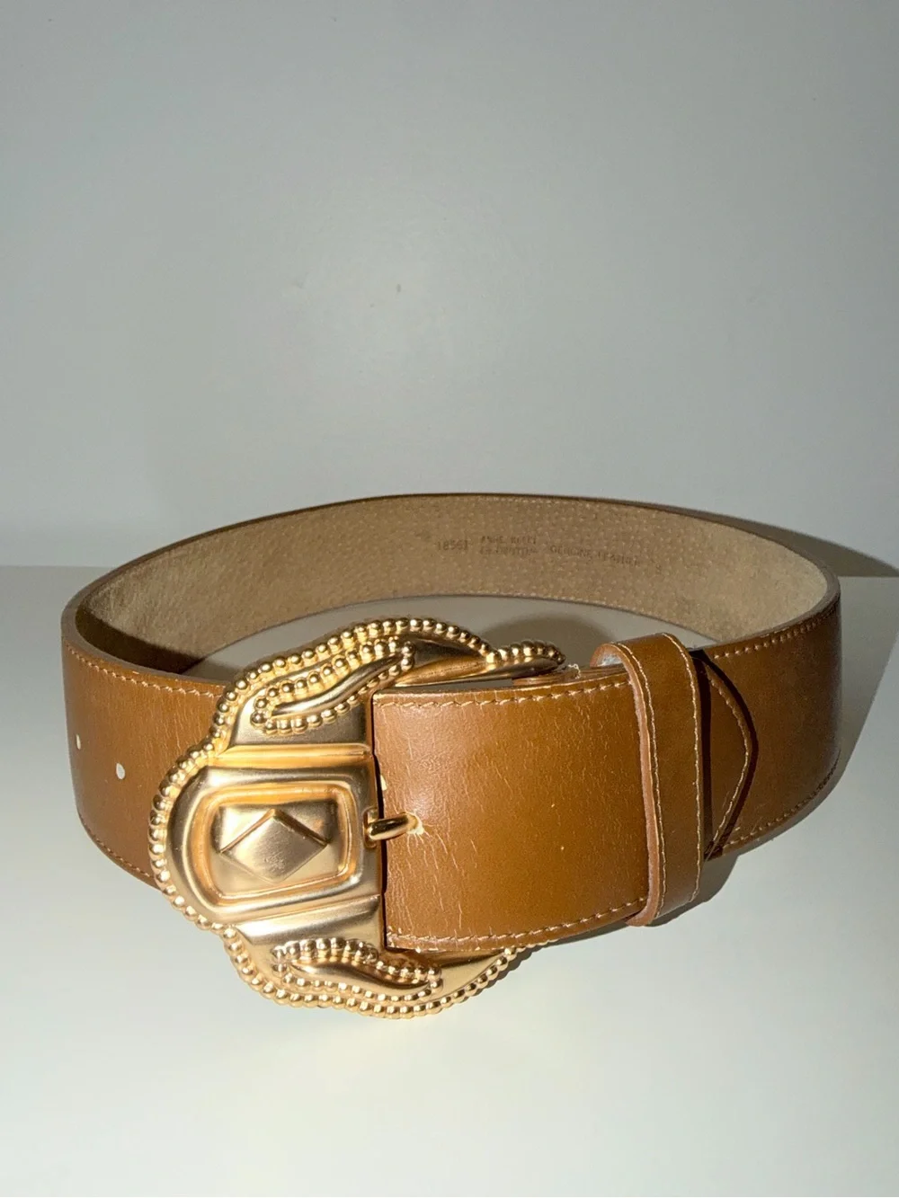 Vtg Anne Klein For Oroton Brown Leather Wide Belt With Gold-Tone Buckle, Sz Sm
